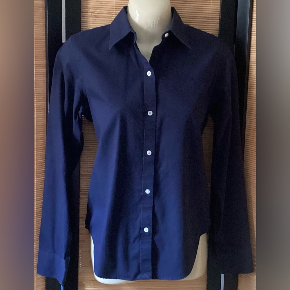 RALPH LAUREN Non-Iron Shirt XXS Navy cotton button down EUC